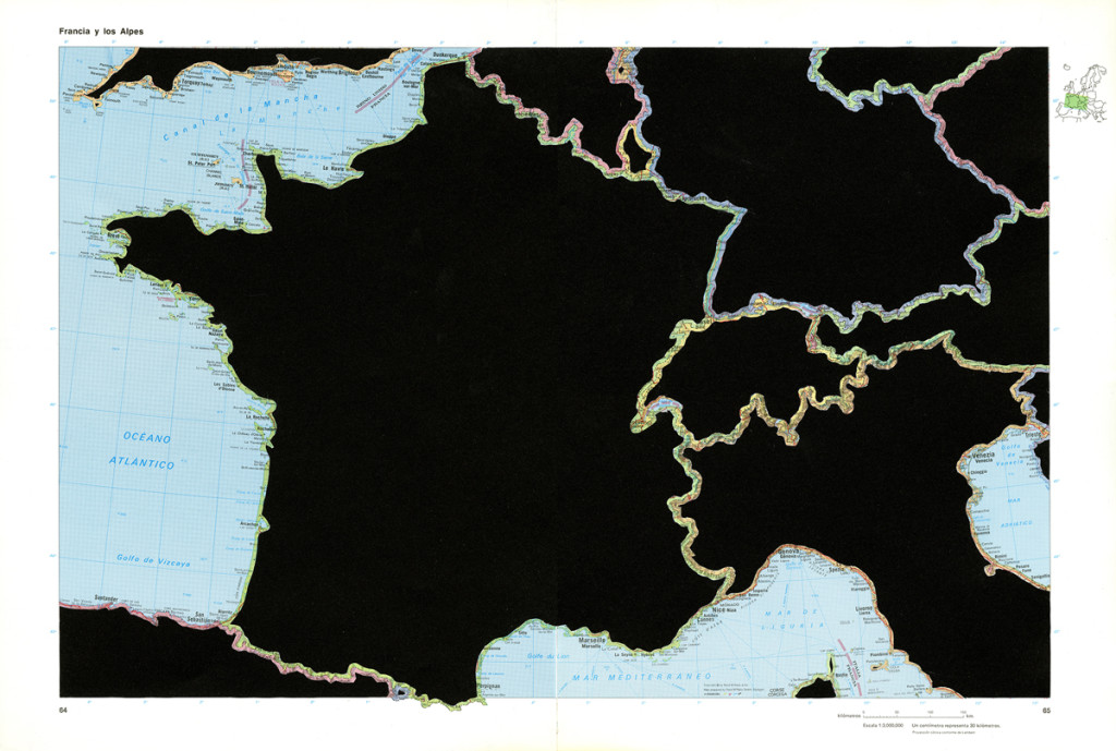 Francia y los Alpes. De la serie: Atlas Mundial de Selecciones. 1979. Páginas de libros recortadas. 37 x 55 cm. 2017.