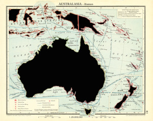 AUSTRALASIA—Human. De la serie: The Comparative Atlas. London 1948. 
Páginas de libros recortadas.  
27,7 x 21,8 cm.  2017.