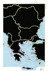 Europa sudoriental. De la serie: Atlas Mundial de Selecciones. 1979. 
Páginas de libros recortadas. 
55 x 37 cm. 
2017.