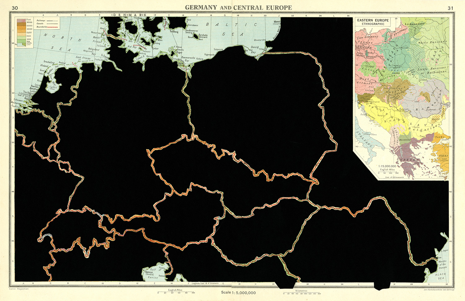 GERMANY AND CENTRAL EUROPE. De la serie: The Comparative Atlas. London 1948. 
Páginas de libros recortadas. 
42,7 x 27,7 cm. 
2017.