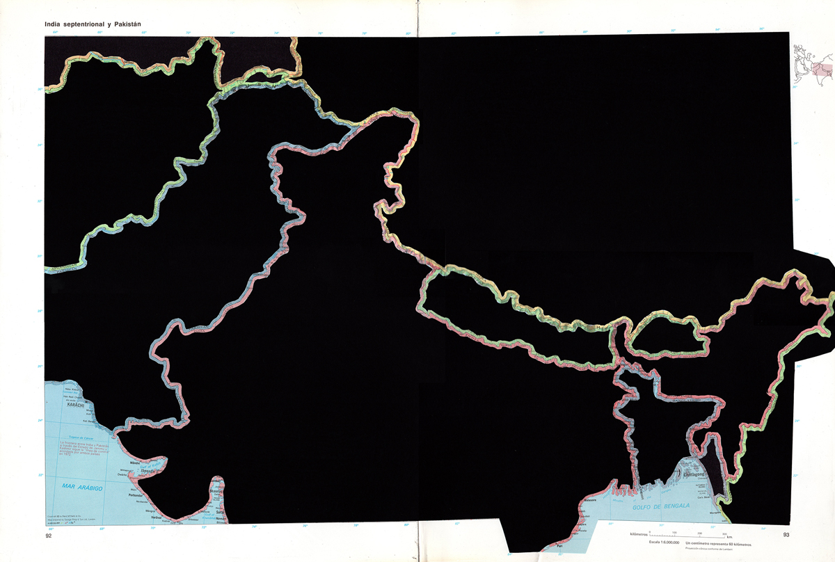 India septentrional y Pakistán. De la serie: Atlas Mundial de Selecciones. 1979. 
Páginas de libros recortadas. 
55 x 37 cm. 
2017.