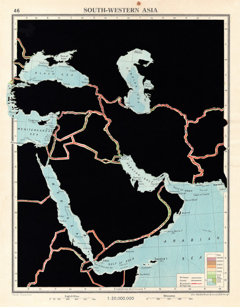 SOUTH-WESTERN ASIA. De la serie: The Comparative Atlas. London 1948. 
Páginas de libros recortadas. 
27,7 x 21,8 cm. 
2017.